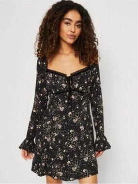 Free People Black Floral Mini Dress with Cream Print